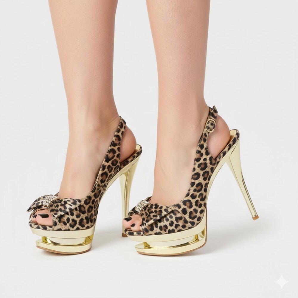 Leopard Print Platform Heels with Gold Accents